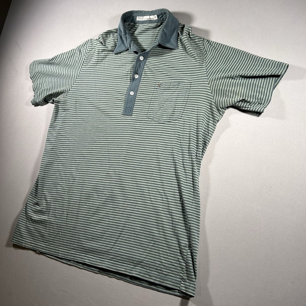 Criquet Top-Shelf Players Shirt Mens L Olive Newman Stripe Polo Pima Cotton